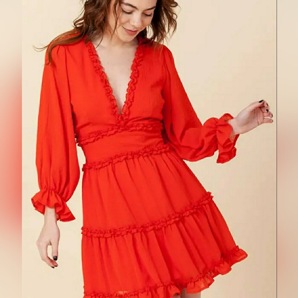 66. NWOT Favlux tiered ruffle coral mini dress Sz M